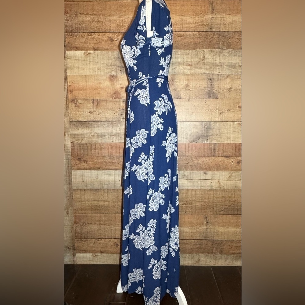 Lulus Heart of Marigold Navy Blue Floral Print Wrap Maxi Dress size XS Gauzy - Picture 3 of 14